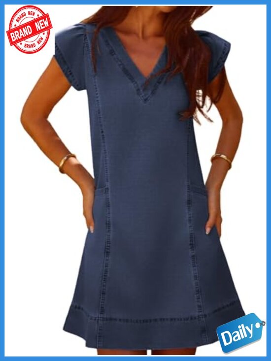 Dresses & Skirts - Women's Denim Mini Dress V-Neck Short Sleeve A-Line with Pockets
